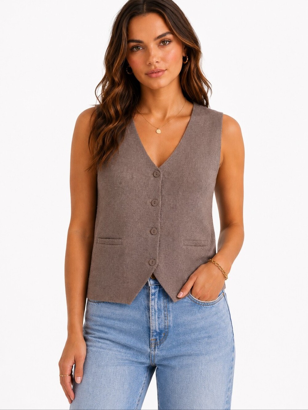 NWT Olive + Oak Button Front Knit Tank Sweater Vest Taupe Brown Large